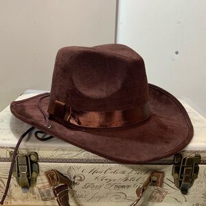 Brown Suede Western Fedora Hat with Satin Band